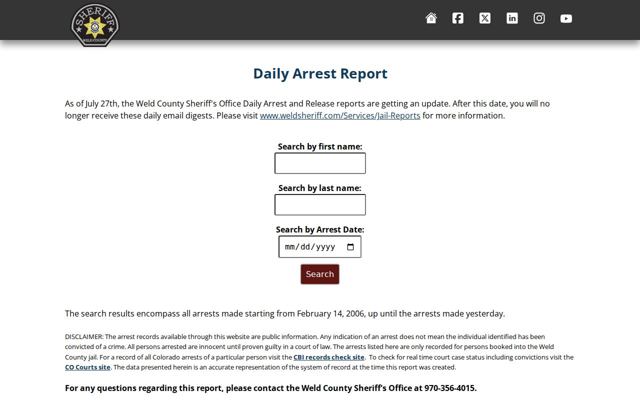 Weld County arrest lookup Daily Arrest Report fields