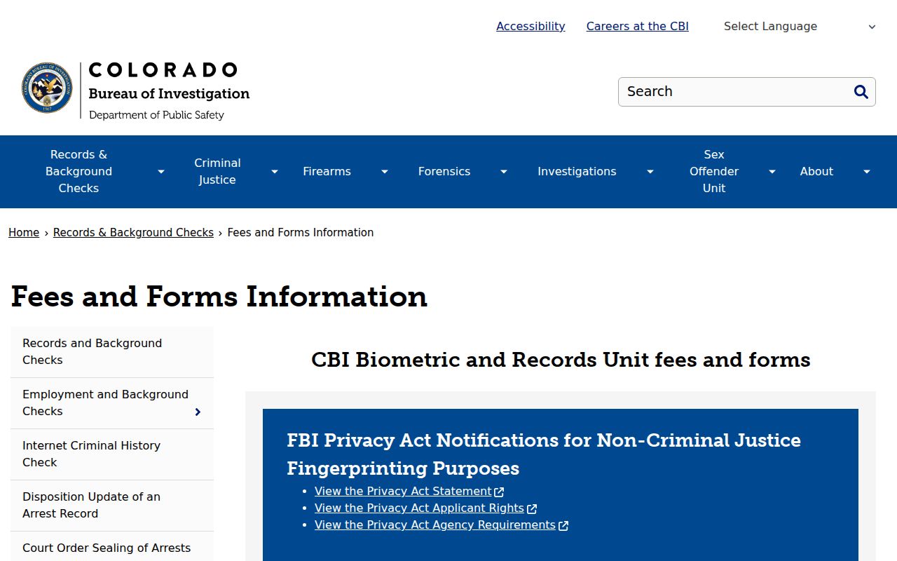 CBI criminal history fees and forms information