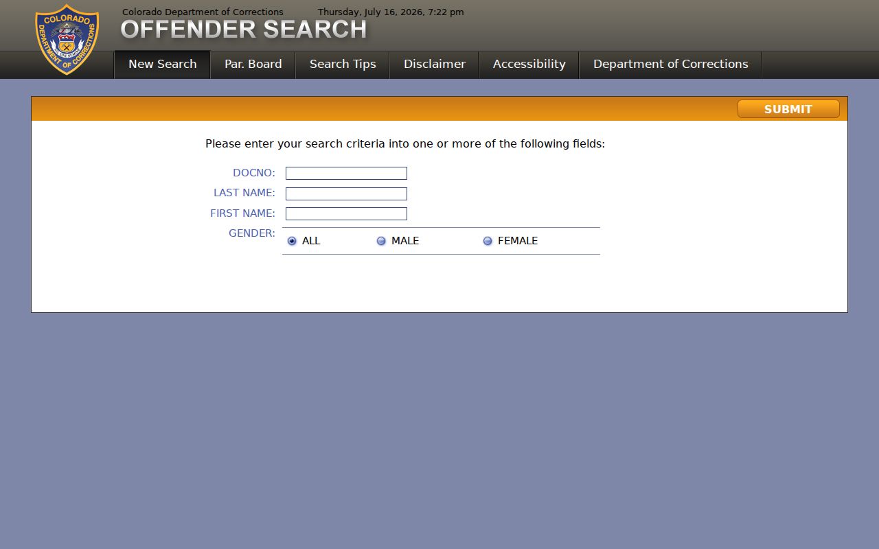 Colorado Department of Corrections offender search form