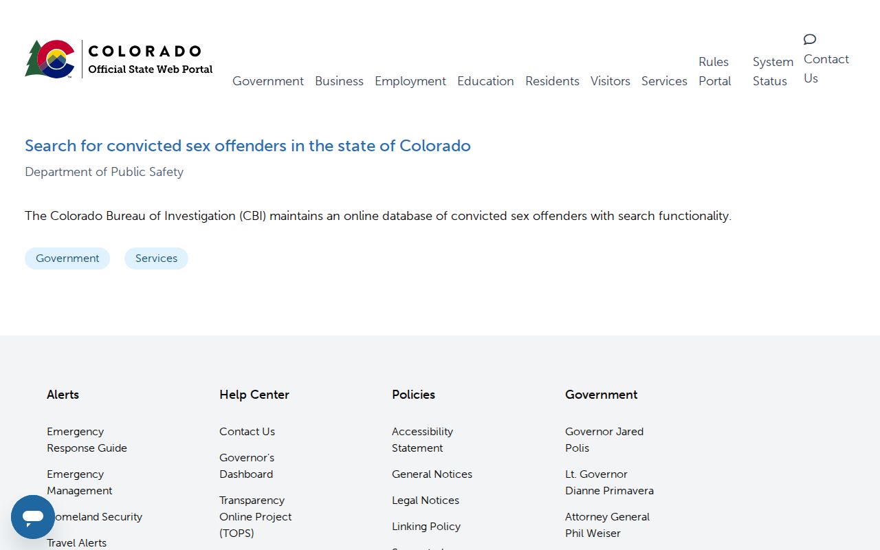 Colorado registry information page explaining public sex offender search records